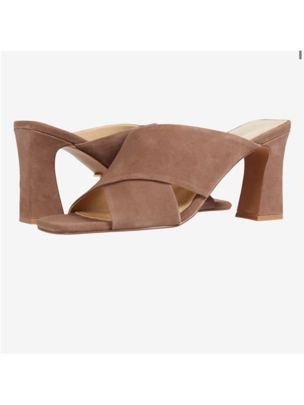42 Gold Saldana Sandalwood Suede Heels Crisscross Block Heel